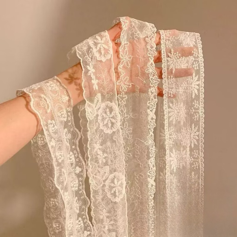 Embroidery Ribbon - Yeni Siyah Beyaz Uzun Dantel Çiçek