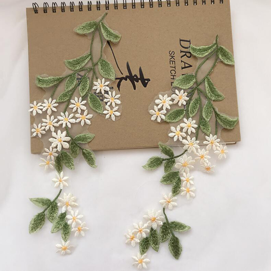 Embroidery Daisy Flower - 1 Pairs Yeşil Yaprak Papatya Çiçek