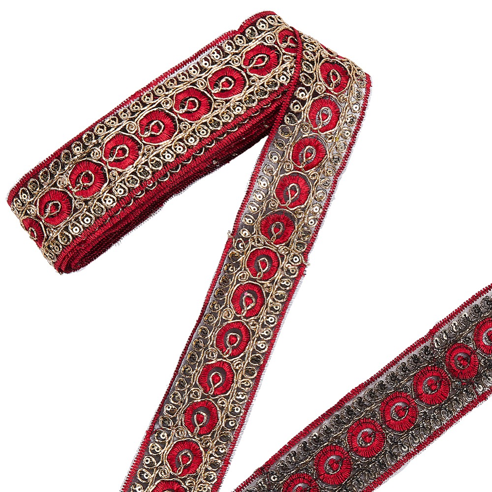 Embroidery Ribbon - 10 Yard 1.77 İnç Kırmızı İşlemeli