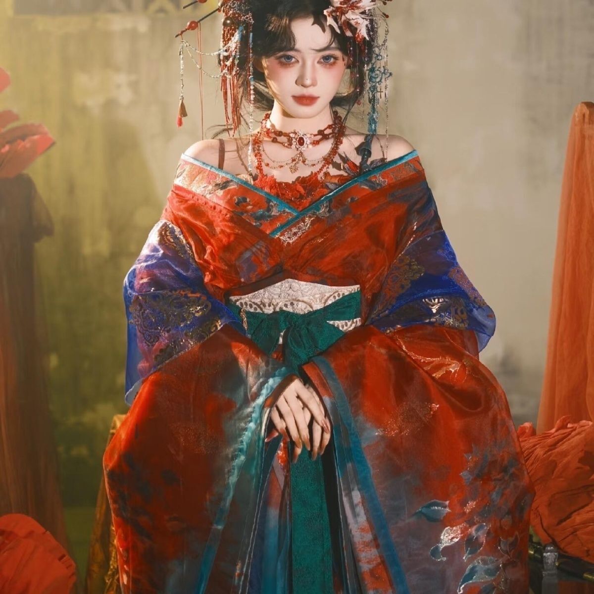 Embroidery Dress - Siyah Mavi Nakışlı Hanfu Kadınlar İçin